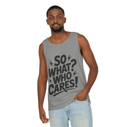 Mens Tank Top, "So What? Who Cares!", Casual Summer Wear, Beach Trip, Festival Outfit, Lightning Print, Sarcastic Summer Tee, Gym Tank