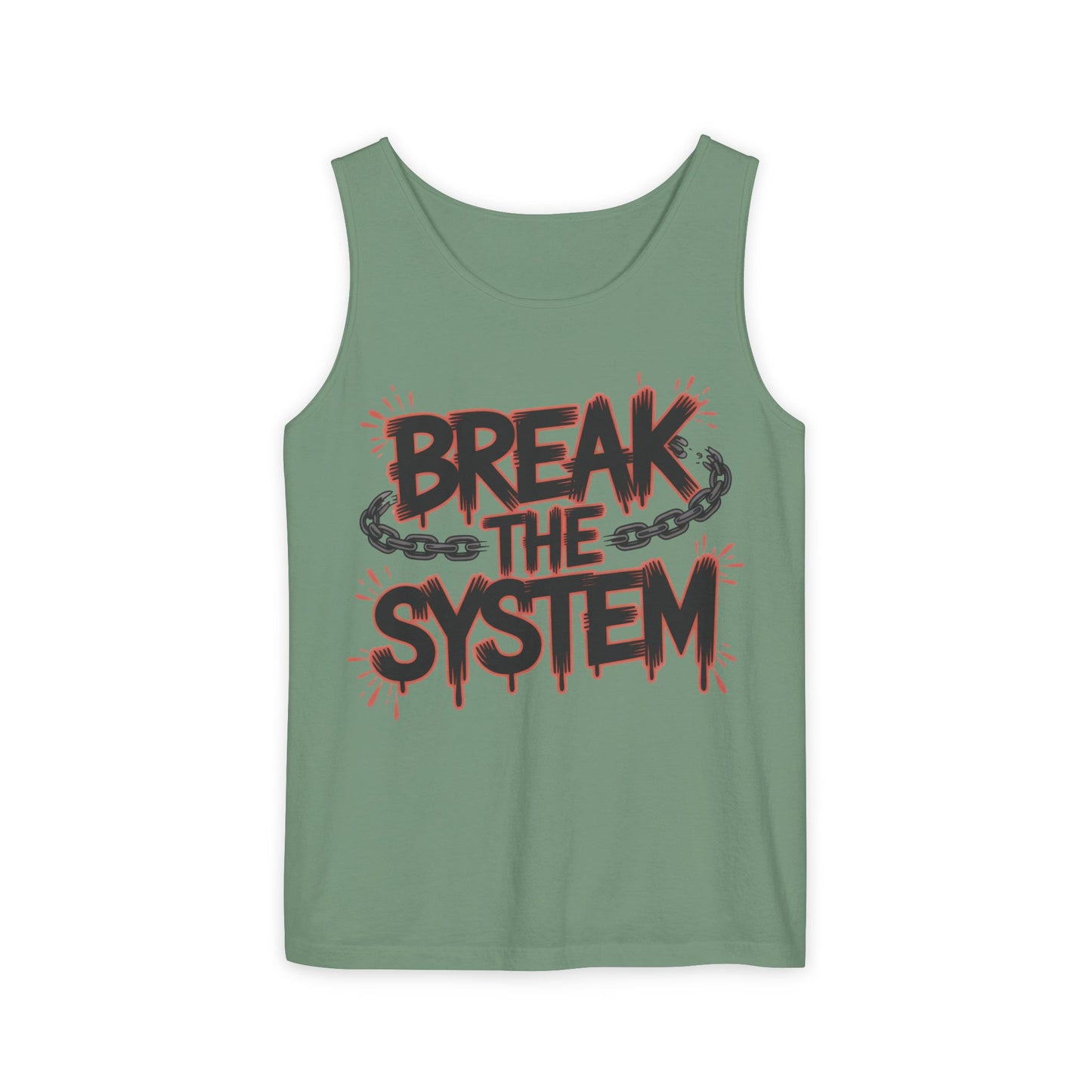 Men's Garment-Dyed Tank Top, Break the System Tank Top, Graphic Protest Muscle Tee, Streetwear Activist Summer Top
