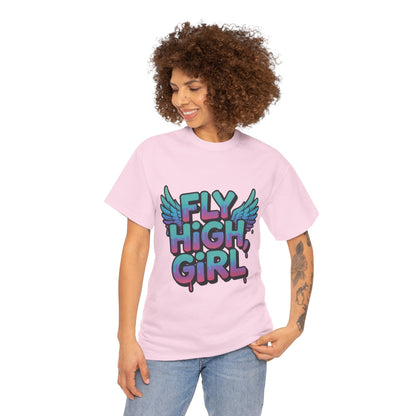 Womens Graphic Tee Fly High Girl, Angel Wings Graffiti Drip T-Shirt, Bold Streetwear Top