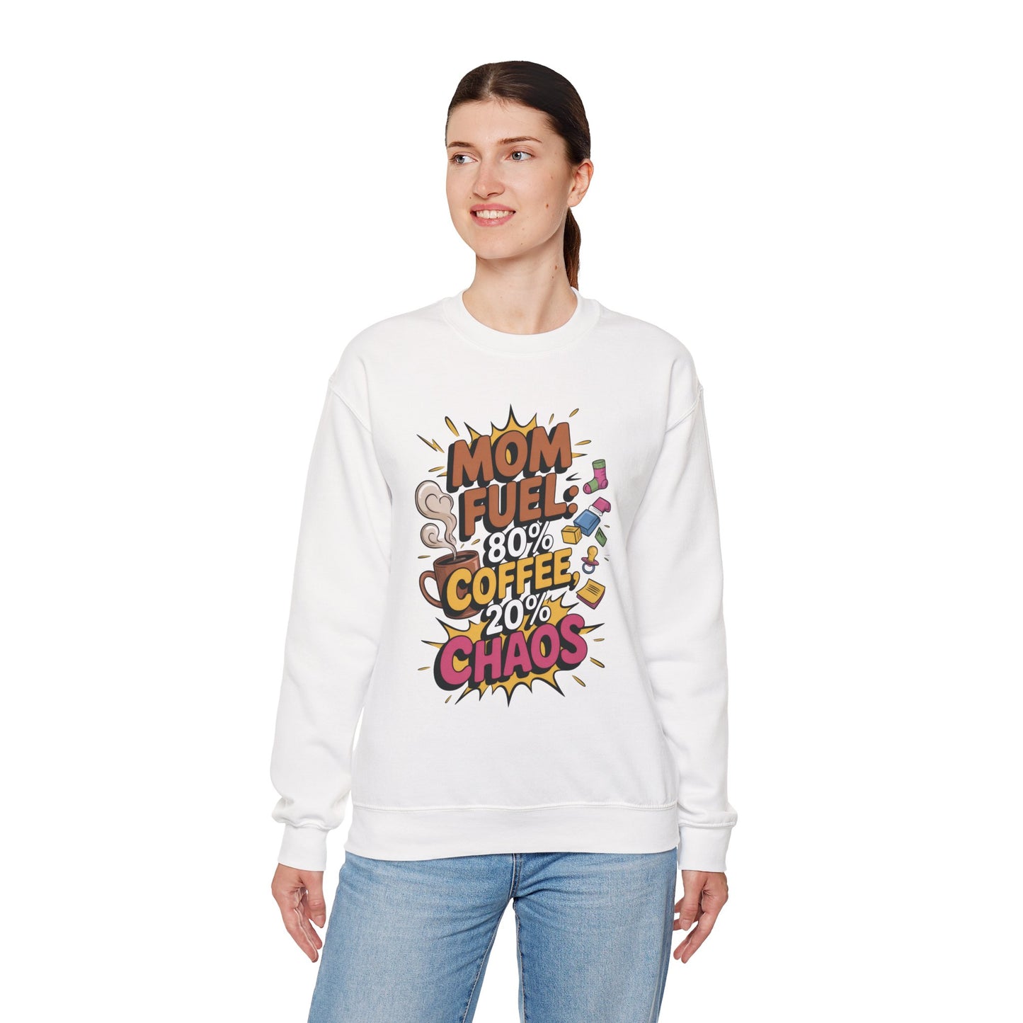 Funny Mom Fuel Sweatshirt, Perfect Gift for Moms, Chaos & Caffeine, Mother's Day Apparel, Funny Tired Mom Life Sweatshirt, Coffee Loving Mom