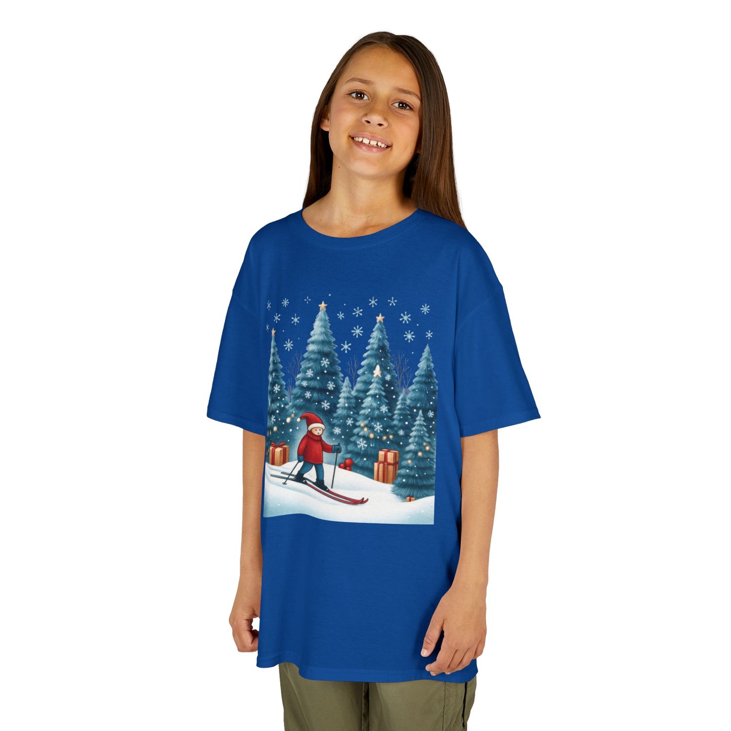Kids Christmas Skiing T-Shirt, Cute Winter Holiday Graphic Tee, Kids Heavy Cotton™ Tee