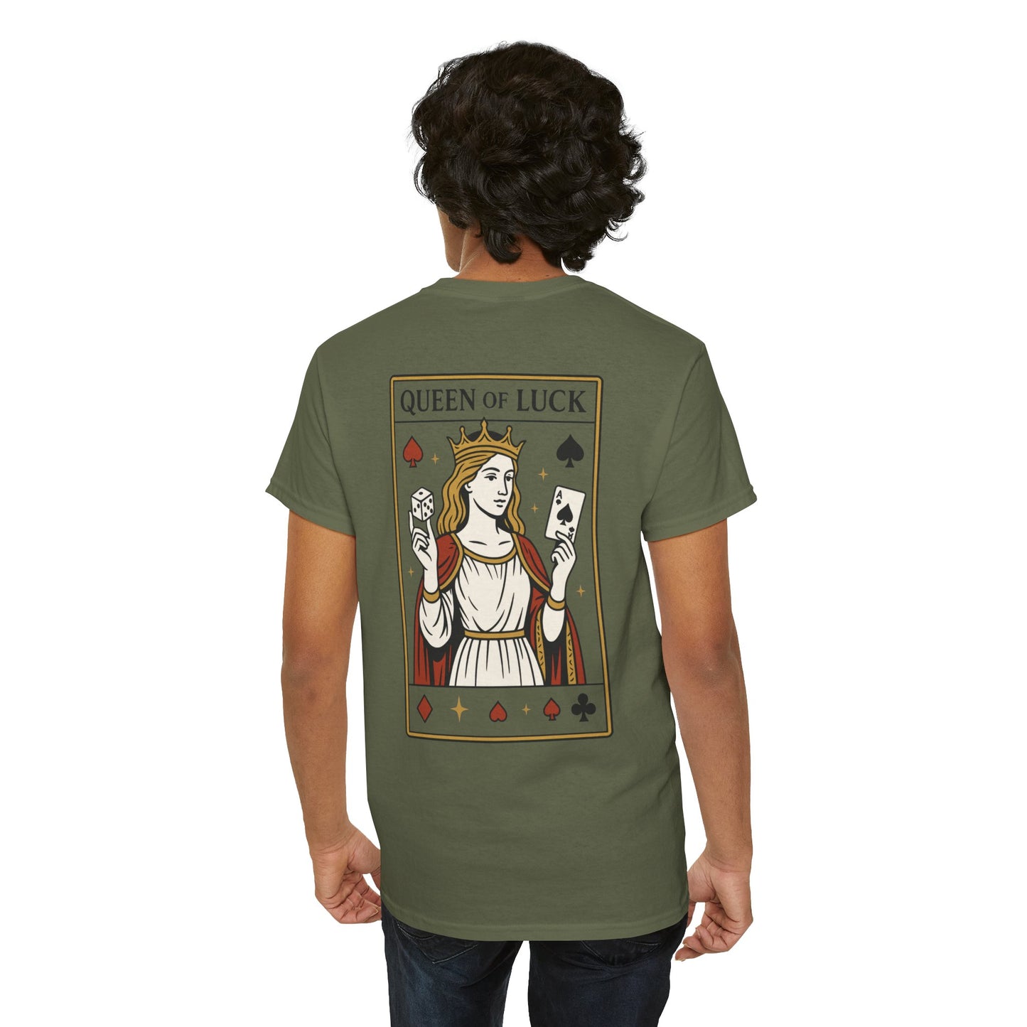 Queen of Luck Front & Back Print unisex T-Shirt, Roll the Dice Tee for Men, Vintage Gambling Shirt, Casino Gift, Poker Gift, Card Games Gift
