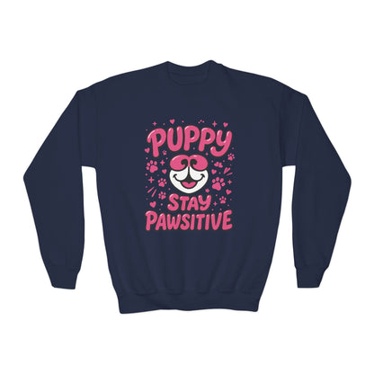 Youth Puppy Crewneck Sweatshirt - Stay Pawsitive Design, Cute Pet Apparel, Kids Sweatshirt, Animal Lover Gift, Cozy Winter Wear, Kids Gift