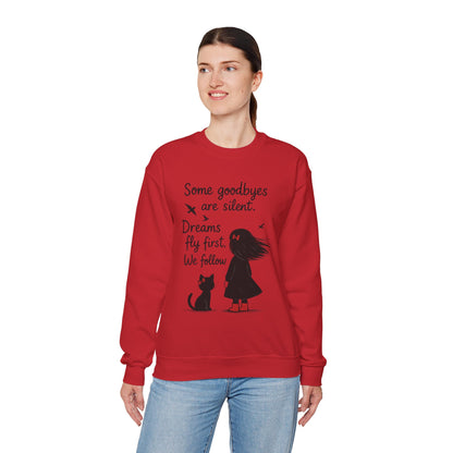 Cozy Farewell Girl & Cat Pullover, Hand Drawn Red Dress Art, Minimalist Womens Crewneck