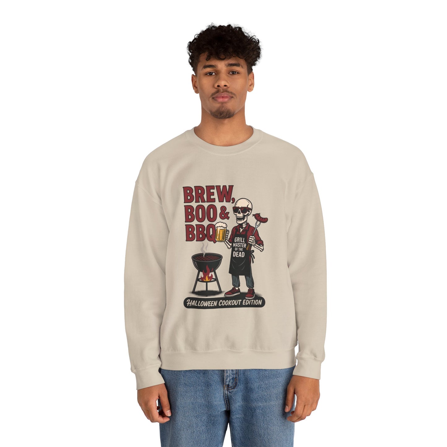 Halloween BBQ Men's Sweatshirt, Brew Boo & BBQ Skeleton Grill Master, Spooky Dad Gift, Skeleton Dad Sweat, Grill Master Crew
