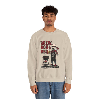 Halloween BBQ Men's Sweatshirt, Brew Boo & BBQ Skeleton Grill Master, Spooky Dad Gift, Skeleton Dad Sweat, Grill Master Crew