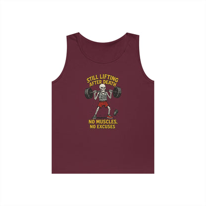 Funny Skeleton Gym Tank Top, Still Lifting After Death, Funny Workout Tee for Men, Fitness Gift, Halloween Apparel, Unisex Cotton Tank Top