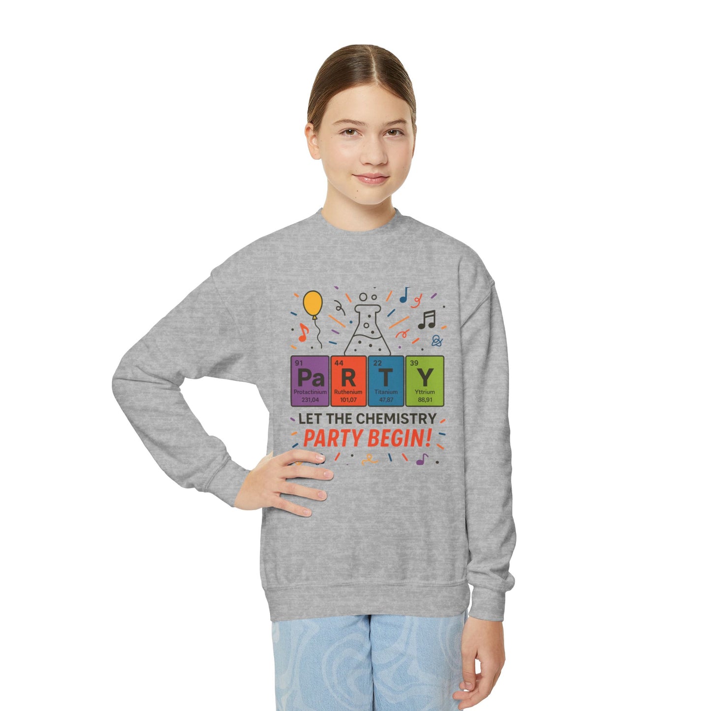 Fun Chemistry Party Youth Crewneck Sweatshirt, Gift for Science Lovers, Birthday Sweatshirt, Kids Party Apparel, Science-Themed Gift