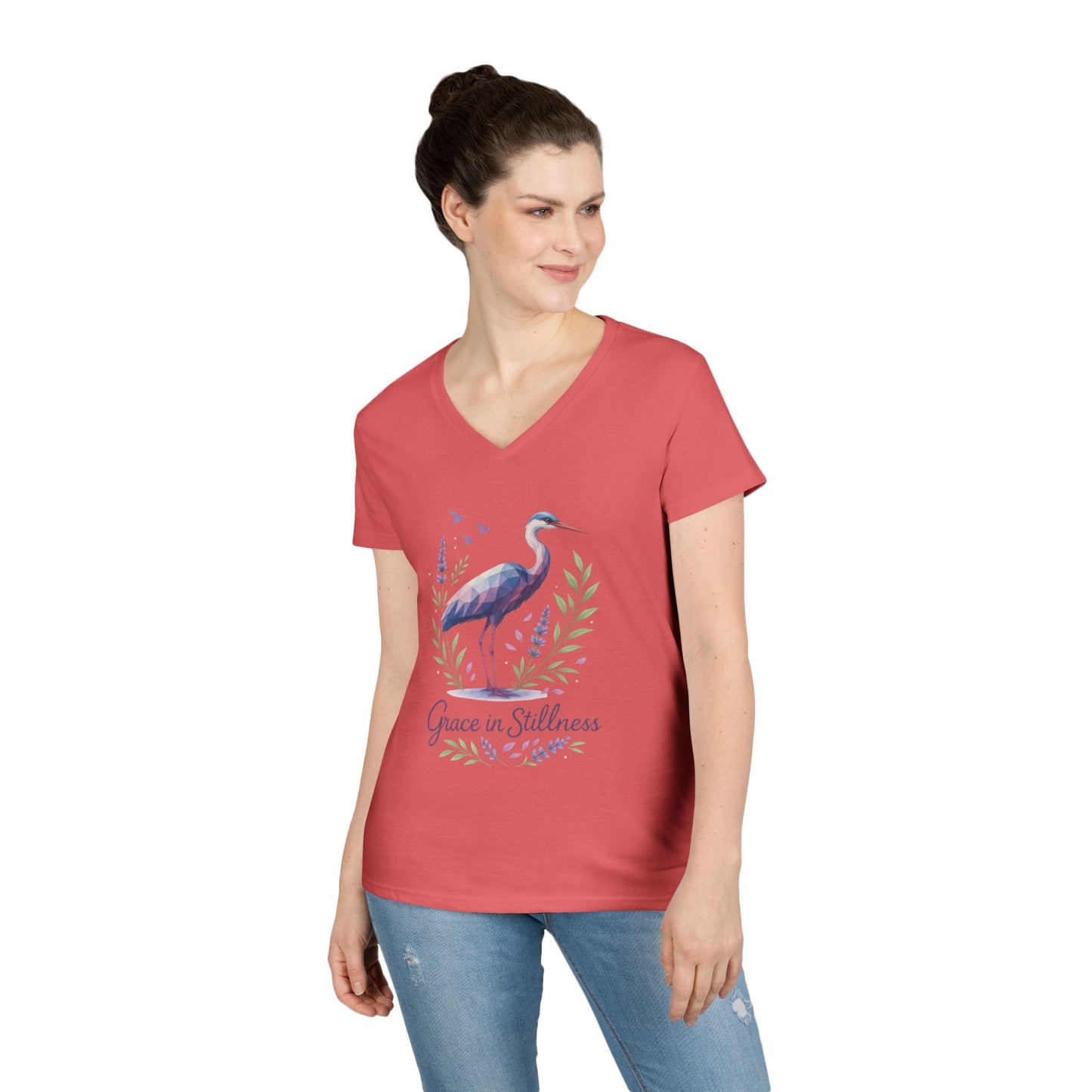 Ladies' V-Neck T-Shirt with Heron Design - Grace in Stillness, Relaxed Fit, Nature-Inspired Gift, Travel Tee, Summer Fashion
