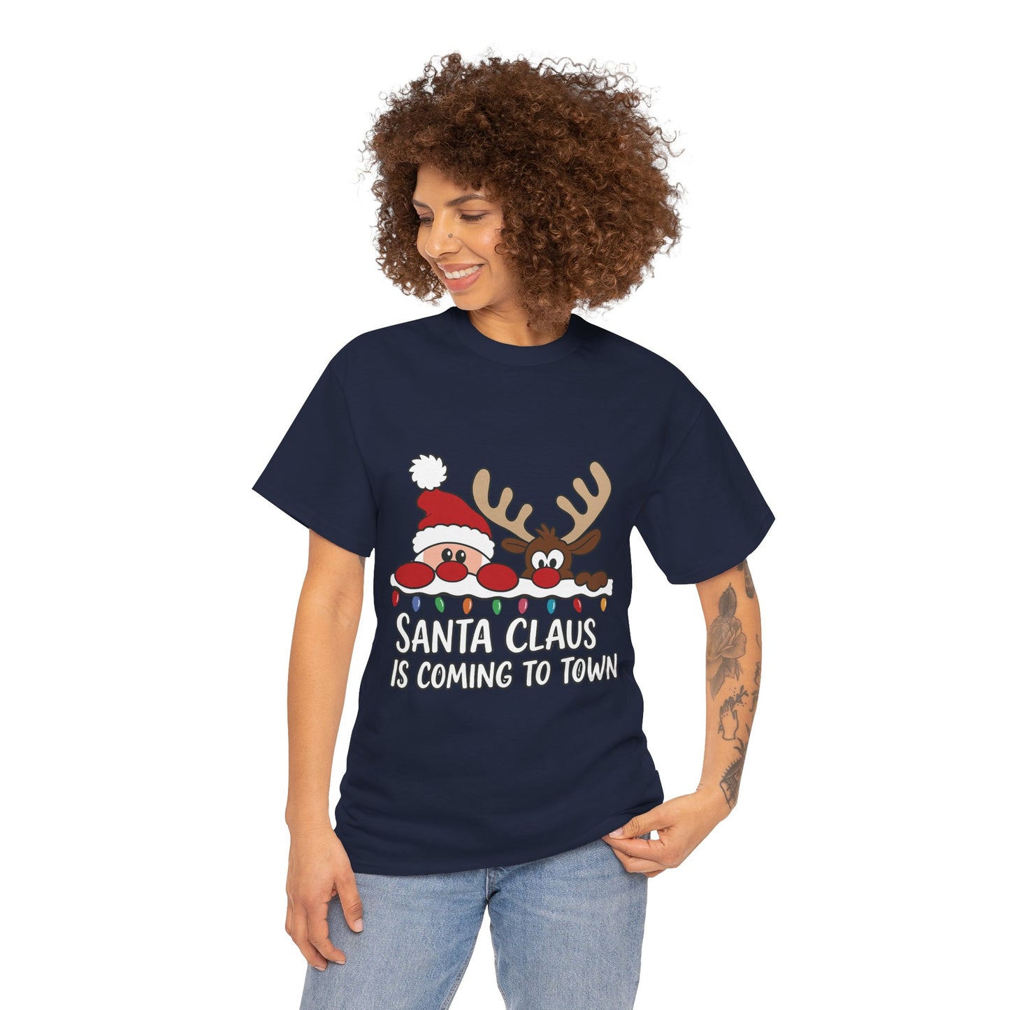Santa Claus Is Coming to Town Women's Christmas T-Shirt, Cute Santa - Reindeer Holiday Tee