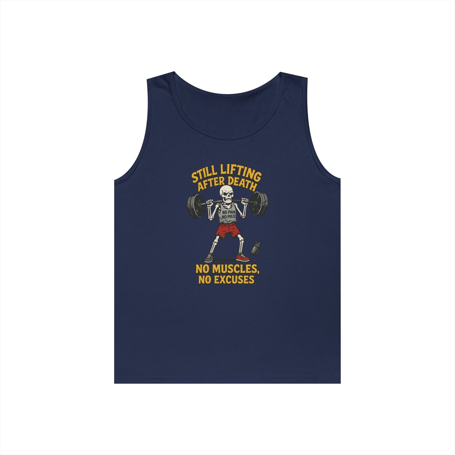 Funny Skeleton Gym Tank Top, Still Lifting After Death, Funny Workout Tee for Men, Fitness Gift, Halloween Apparel, Unisex Cotton Tank Top