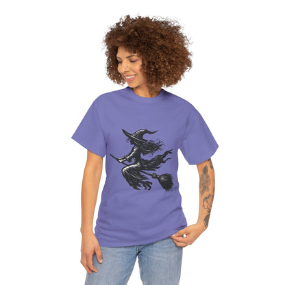 Flying Witch Silhouette Halloween T-Shirt for Women, Vintage Witch on Broom Tee, Spooky Gothic Fall Shirt, Minimal Black Witch Top