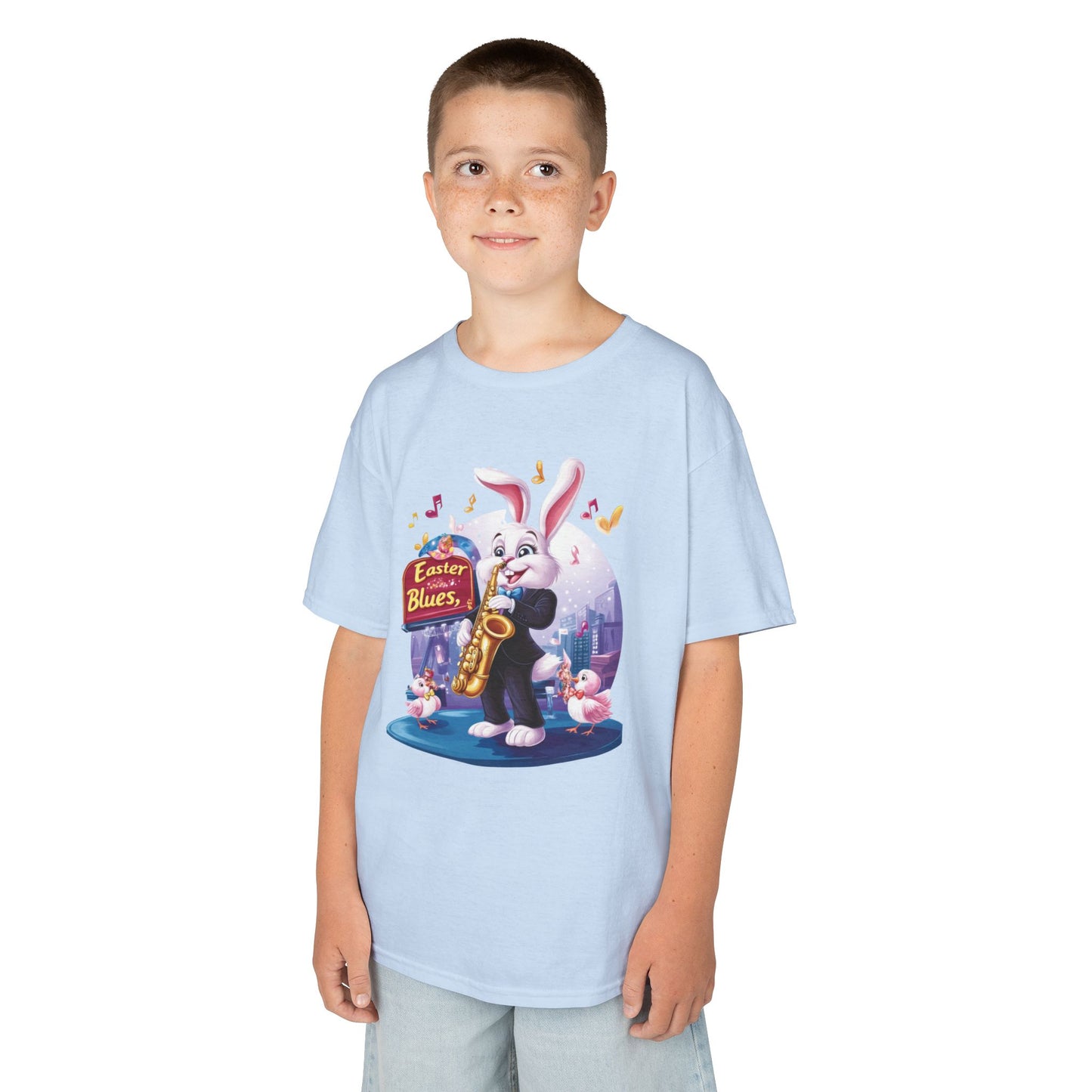 Easter Blues Bunny Kids T-Shirt - Cute Jazz Music Themed Tee for Boys and Girls, Fun Spring Gift, Bunny Playing Saxophone Design