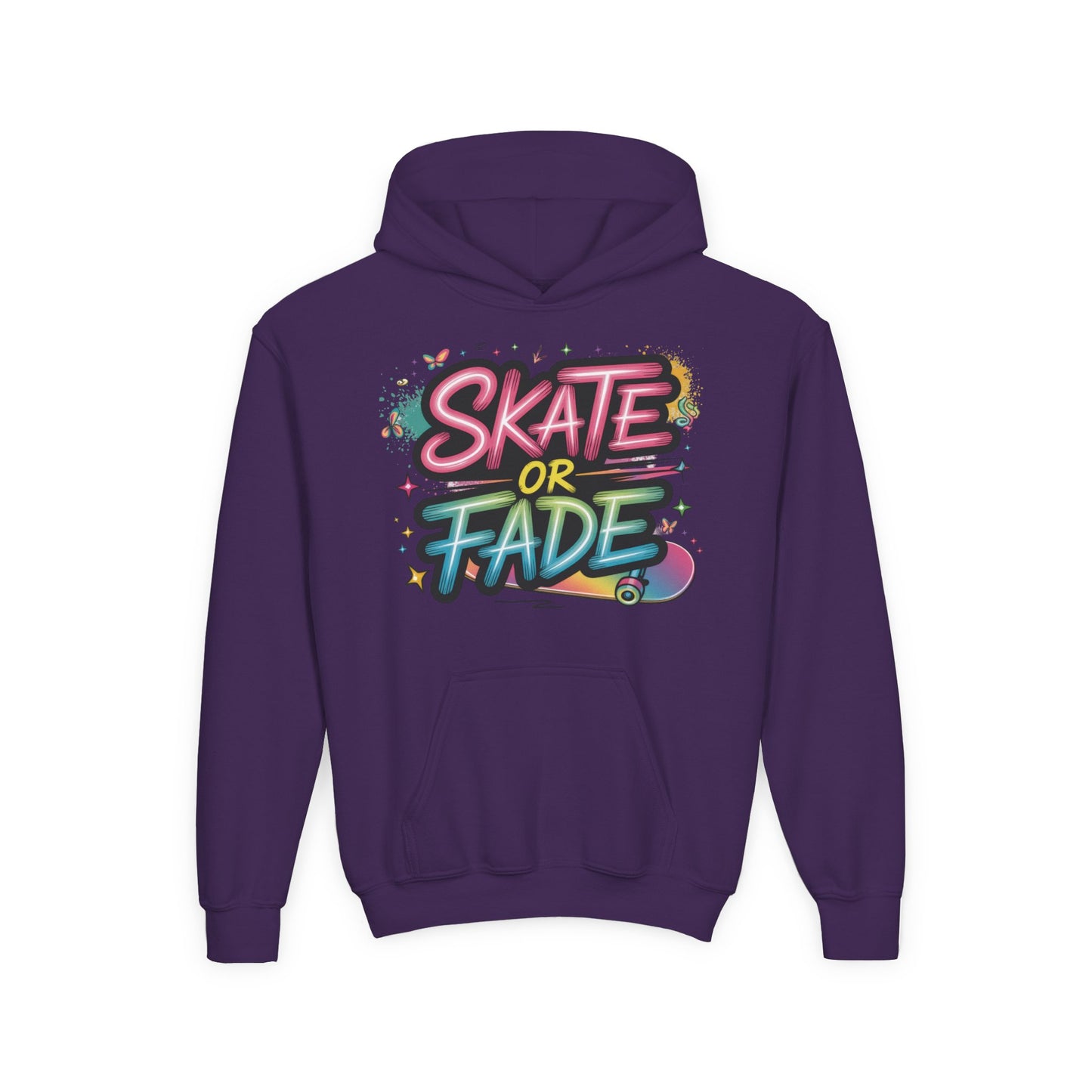 Youth Heavy Blend Hooded Sweatshirt, Skate Or Fade Girls Shirt, Colorful Graffiti Skateboarding Hoodie