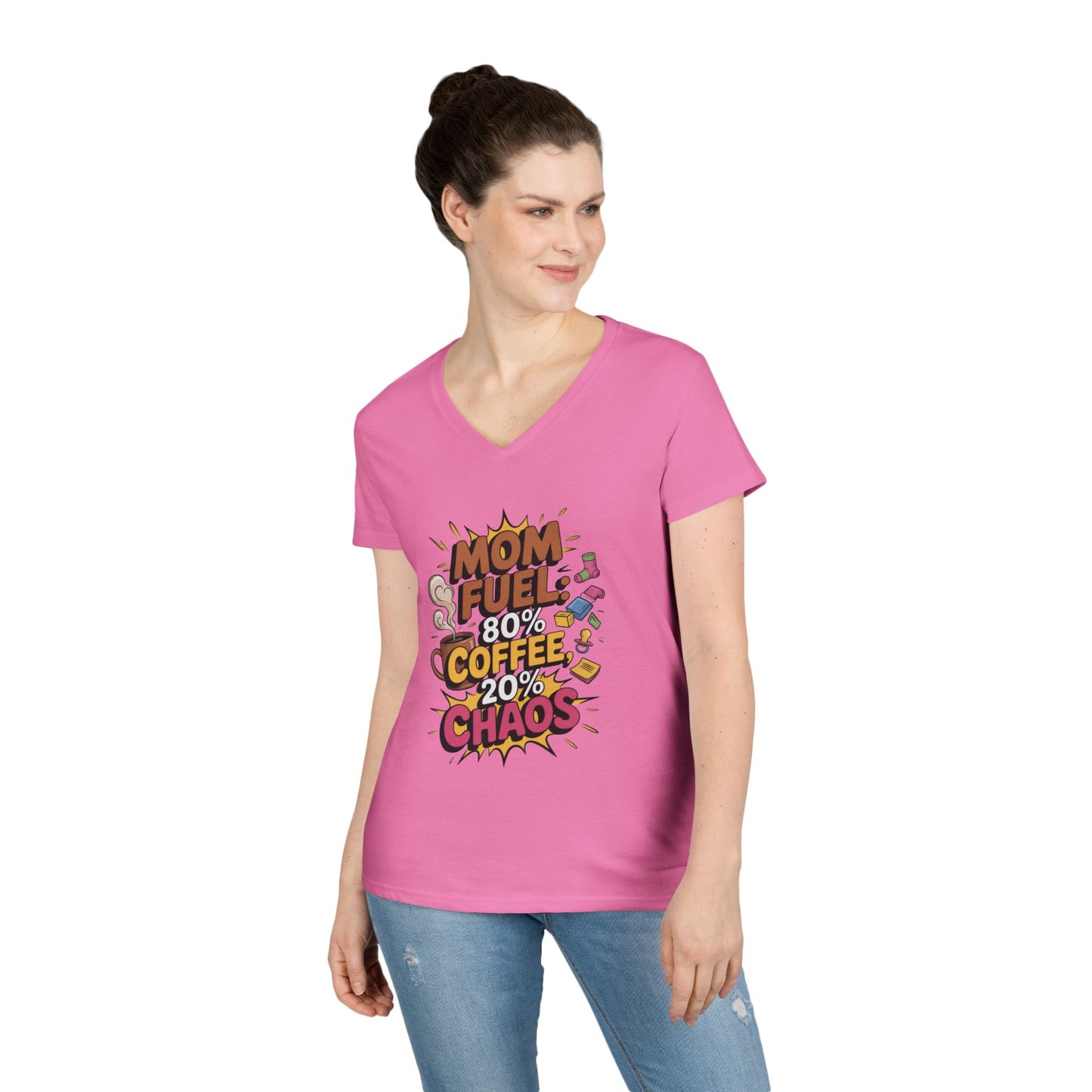Mom Fuel V-Neck T-Shirt, Funny Gift for Moms, Coffee Lovers, Mother's Day, Everyday Humor, Tired Mom Life Tee, Coffee Loving Moms