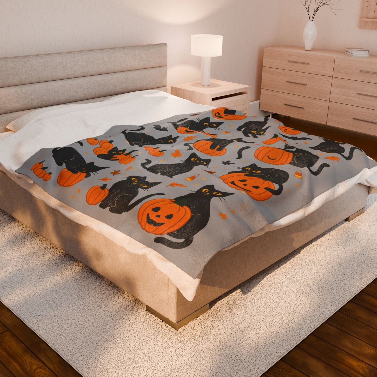 Cute Black Cats and Pumpkins Halloween Blanket, Cozy Fall Velveteen Plush Throw, Kawaii Spooky Cat Lover Gift, Autumn Home Decor, Blanket
