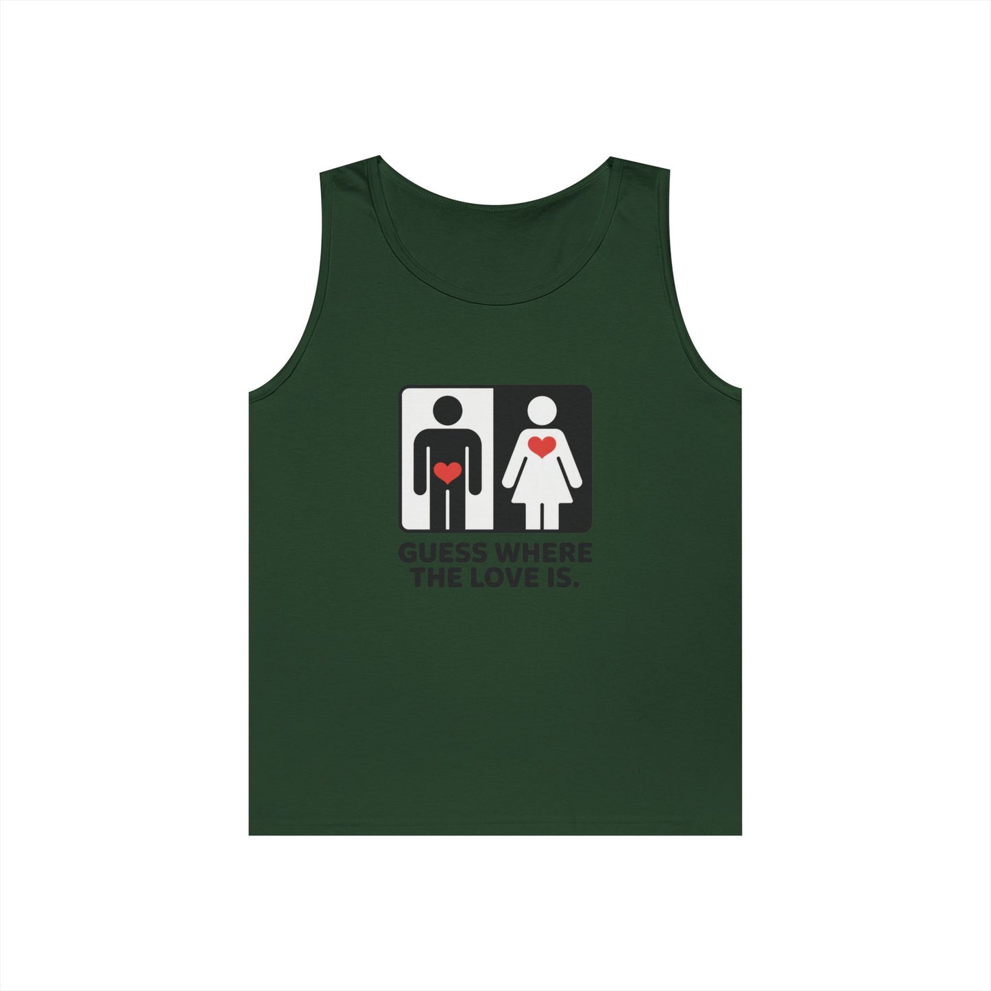 Cute Guess Where The Love Is Mens Tank, Couples Gift, Valentines Day Gift, Relationship Humor Shirt, Funny Tank for Him, Bold Love Joke Tank