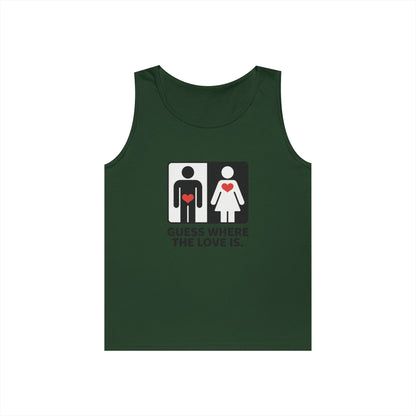 Cute Guess Where The Love Is Mens Tank, Couples Gift, Valentines Day Gift, Relationship Humor Shirt, Funny Tank for Him, Bold Love Joke Tank