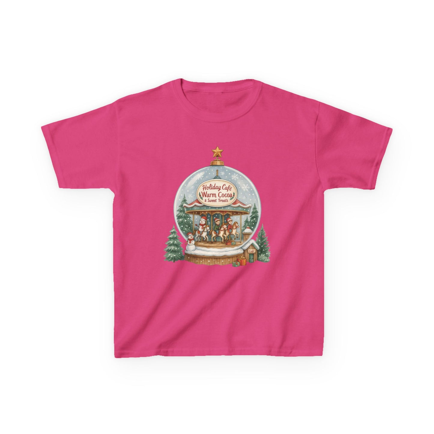 Youth Holiday Café Christmas T-Shirt, Warm Cocoa Carousel Kids Tee