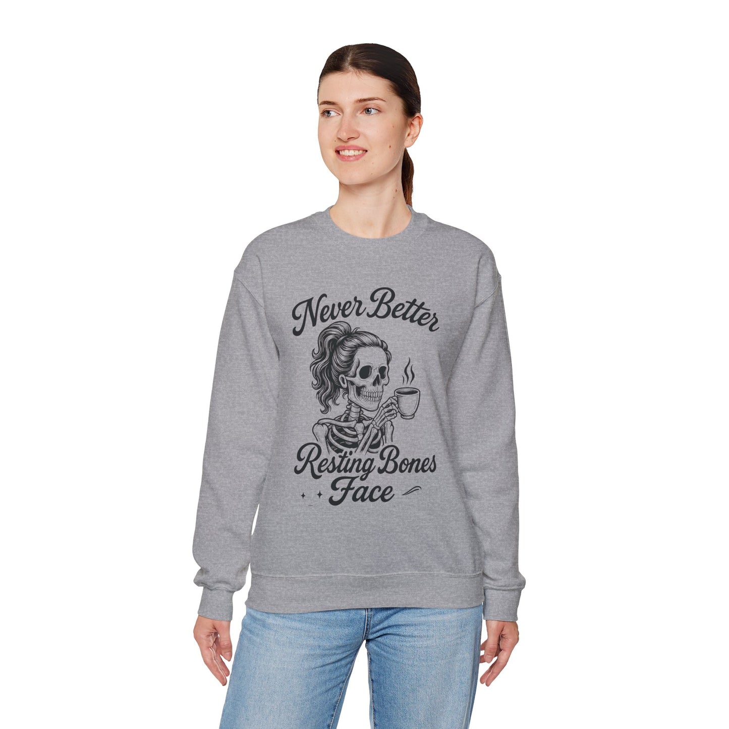 Skull Coffee Lovers Crewneck Sweatshirt, Womens, Perfect for Halloween, Cozy Outfit, Gift for Friends, Relaxing Days, Coffee Enthusiasts