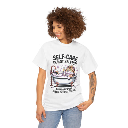 Womens Heavy Cotton Tee, Self-Care Cat Shirt, Funny Cat Bubble Bath Tee, Relaxing Kitty Graphic, Self Care Is Not Selfish Womens T-Shirt