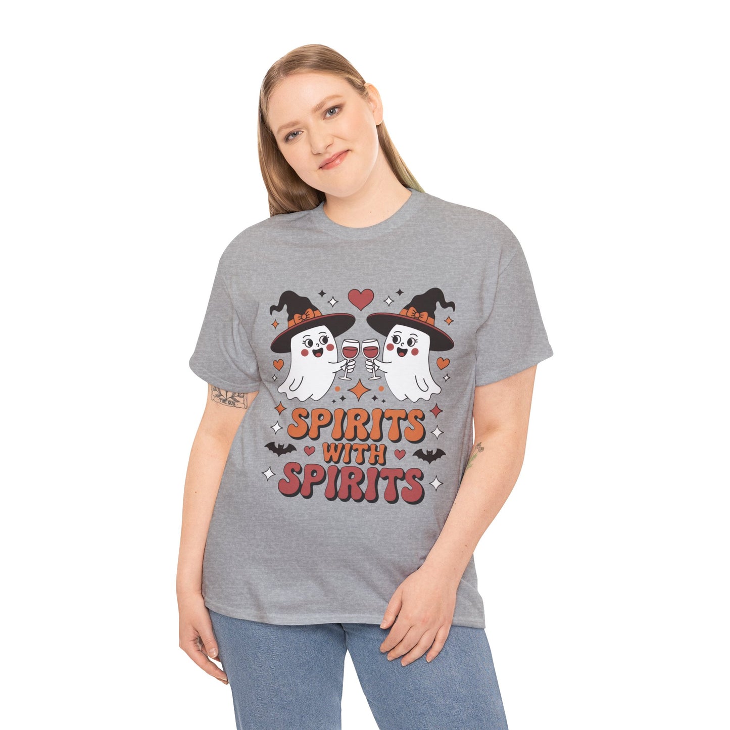 Spirits With Spirits Women's Halloween T-Shirt, Funny Ghost Drinking Wine Tee, Witches Party Shirt, Spooky Season Gift for Her
