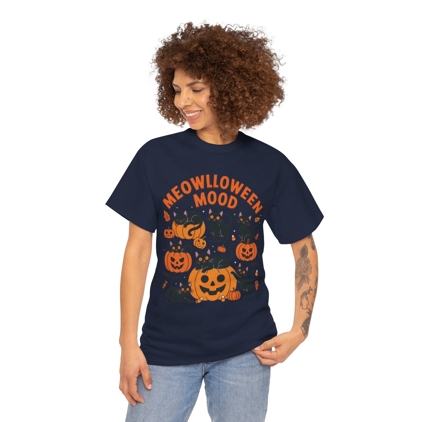 Meowlloween Mood Cat Shirt for Women, Cute Black Cat and Pumpkin Halloween Tee, Cozy Fall Kawaii Spooky Graphic Top, Cat Lover Gift