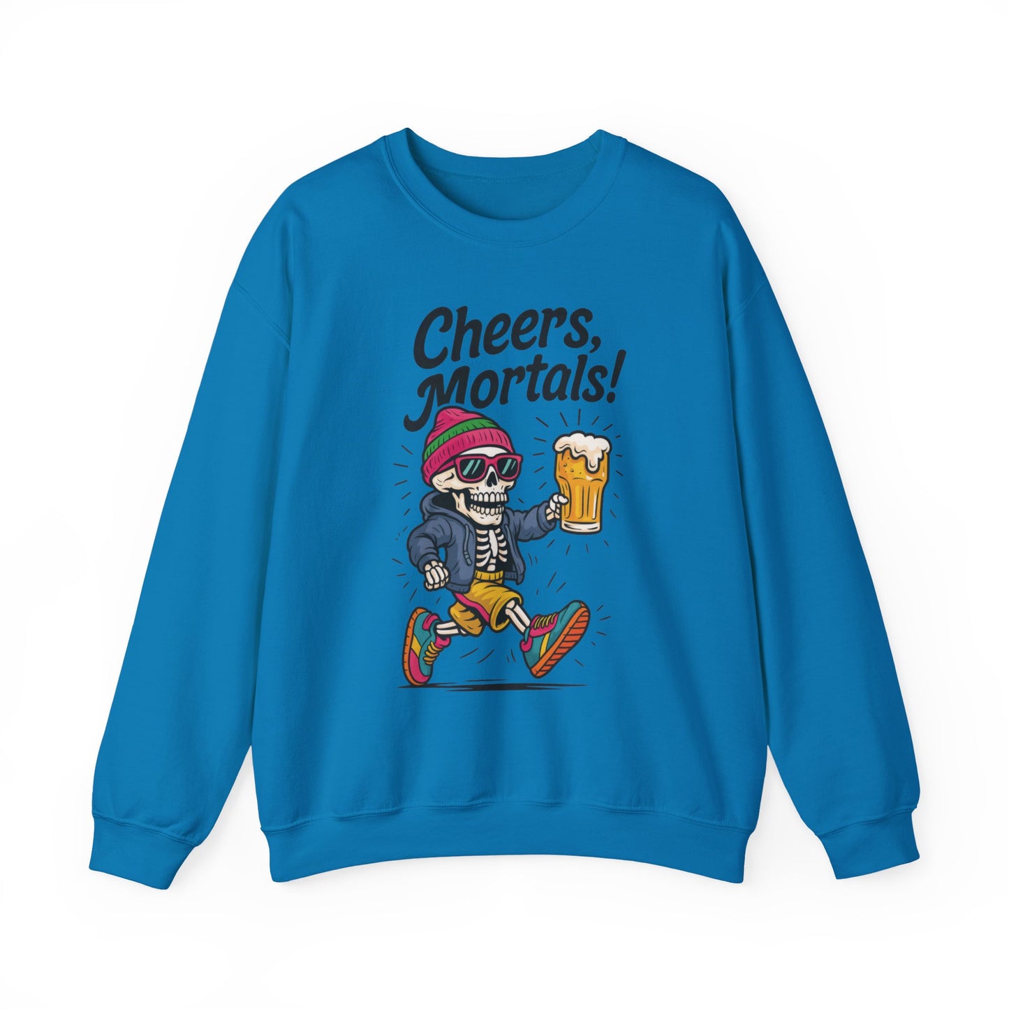 Cheers Mortals! Mens Crewneck Sweatshirt, Skeleton Beer Pullover with Hood, Drinking Humor Sweatshirt, Party Gift for Him, Halloween Apparel