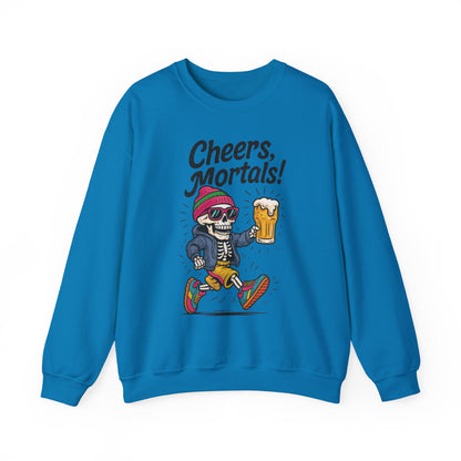 Cheers Mortals! Mens Crewneck Sweatshirt, Skeleton Beer Pullover with Hood, Drinking Humor Sweatshirt, Party Gift for Him, Halloween Apparel