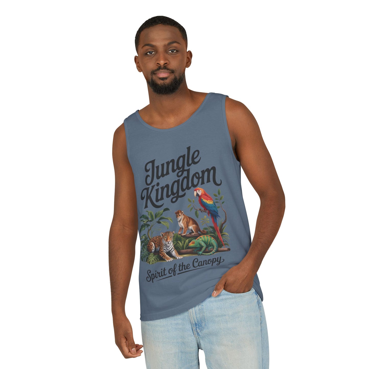 Jungle Kingdom Tank Top, Mens Garment-Dyed Sleeveless Shirt, Spirit of the Canopy Tee, Summer Outfit, Eco-Friendly Casual Wear