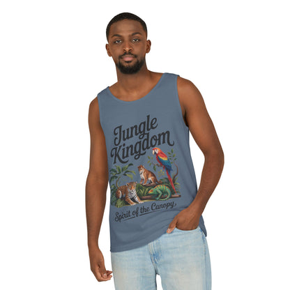 Jungle Kingdom Tank Top, Mens Garment-Dyed Sleeveless Shirt, Spirit of the Canopy Tee, Summer Outfit, Eco-Friendly Casual Wear