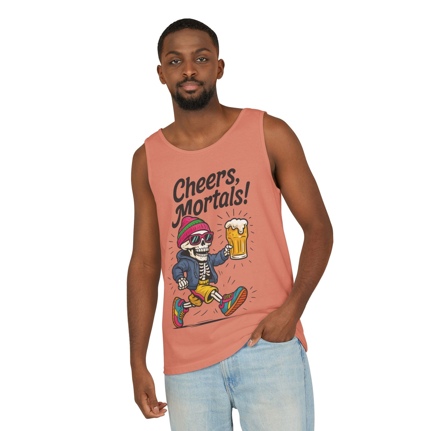 Cheers Mortals! Mens Tank Top, Funny Skeleton Beer Graphic Tee, Drinking Humor Shirt, Party Gift for Him, Halloween Tank,  Beer Lovers Gift