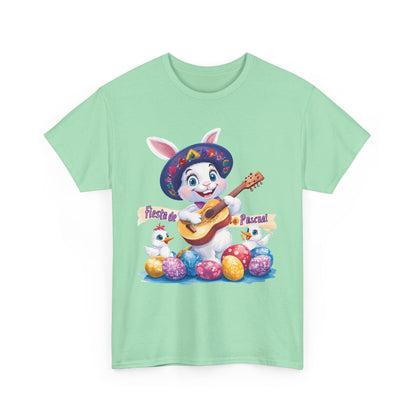 Fiesta de Pascua Bunny Shirt, Funny Easter Rabbit Playing Guitar Tee, Colorful Unisex Heavy Cotton T-Shirt, Cute Holiday Celebration Gift