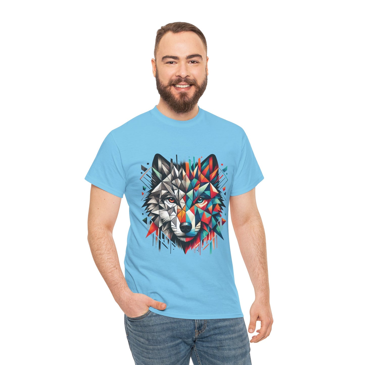 Geometric Wolf Tee, Heavy Cotton T-Shirt, Wildlife Lover Apparel, Unique Nature Wear, Artistic Wolf Design Tee