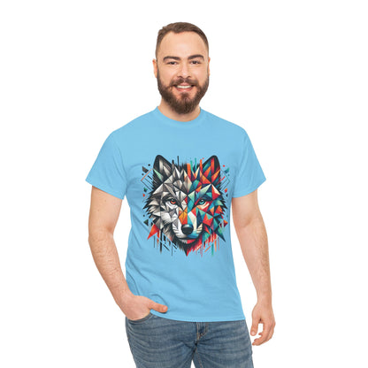 Geometric Wolf Tee, Heavy Cotton T-Shirt, Wildlife Lover Apparel, Unique Nature Wear, Artistic Wolf Design Tee