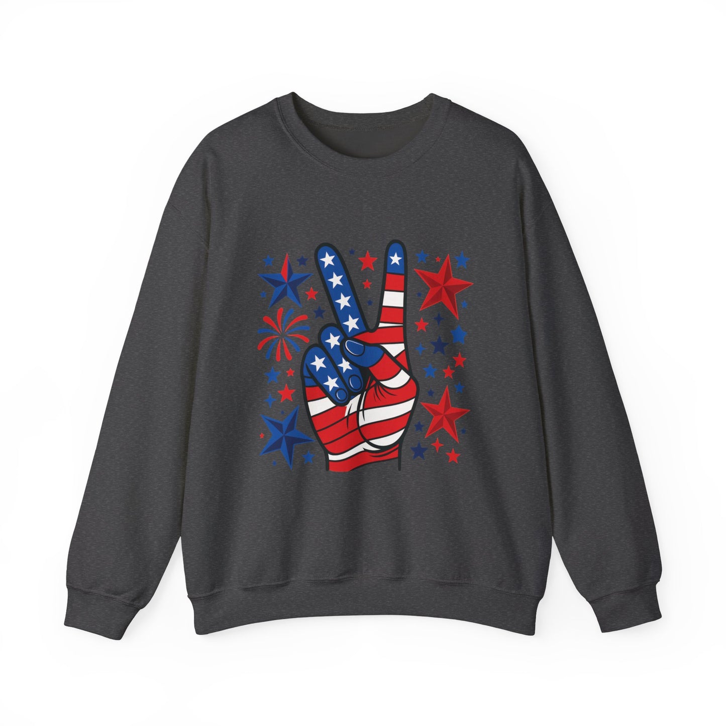 Patriotic Peace Crewneck Sweatshirt - Unisex Heavy Blend, 4th of July Clothing, Peace Sign Design, Casual Wear, Gift for Him/Her