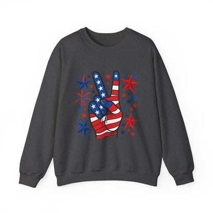 Patriotic Peace Crewneck Sweatshirt - Unisex Heavy Blend, 4th of July Clothing, Peace Sign Design, Casual Wear, Gift for Him/Her