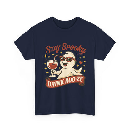 Stay Spooky Drink Boo-ze Women's T-Shirt, Funny Ghost Wine Halloween Party Graphic Tee