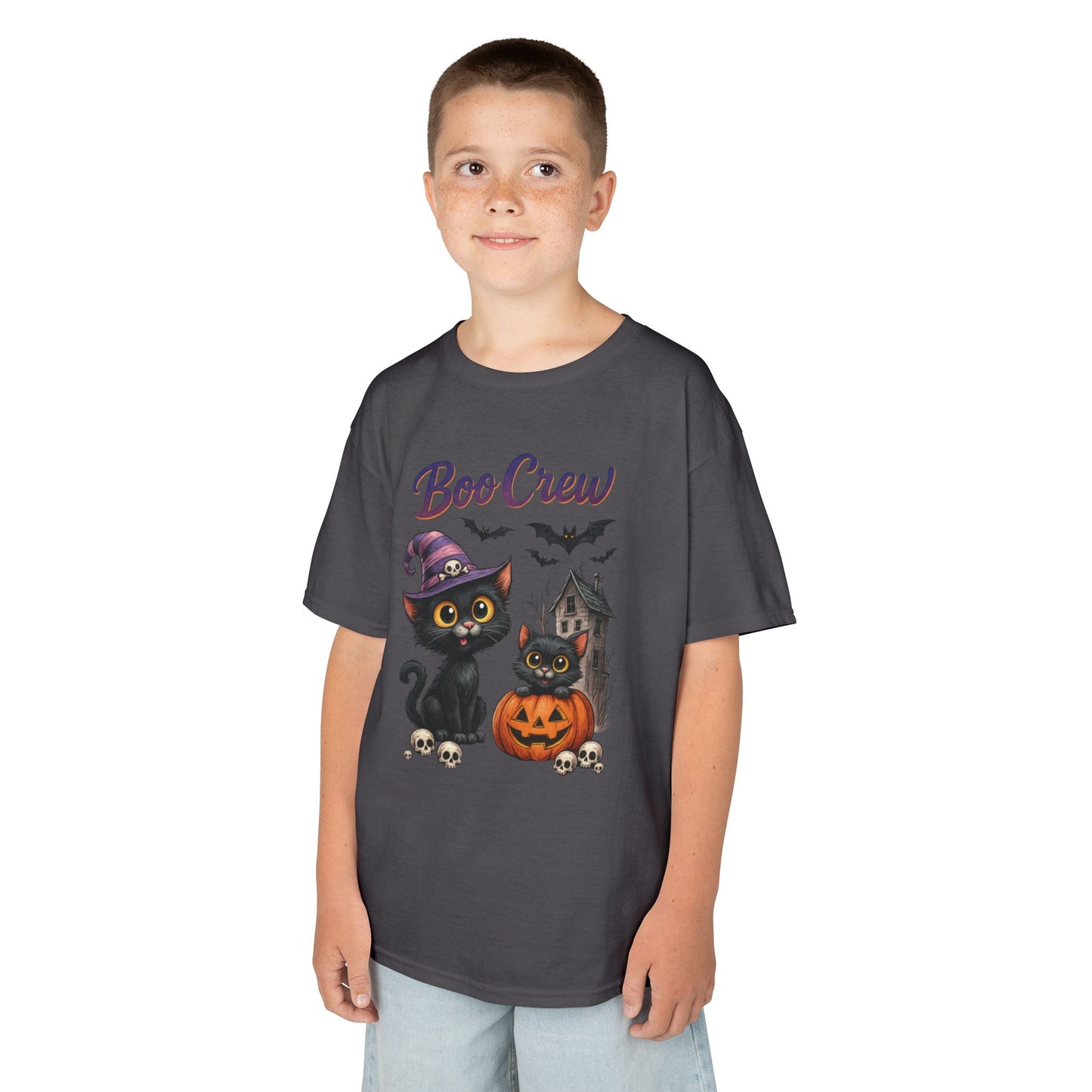 Boo Crew Kids Halloween T-Shirt, Cute Black Cats Pumpkin Design, Fun Spooky Shirt for Girls Boys