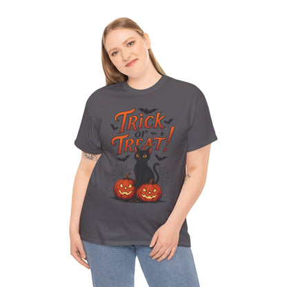 Trick or Treat Black Cat Halloween T-Shirt for Women, Spooky Cute Pumpkin Cat Tee, Fall Halloween Outfit Gift, Vintage Witchy Top