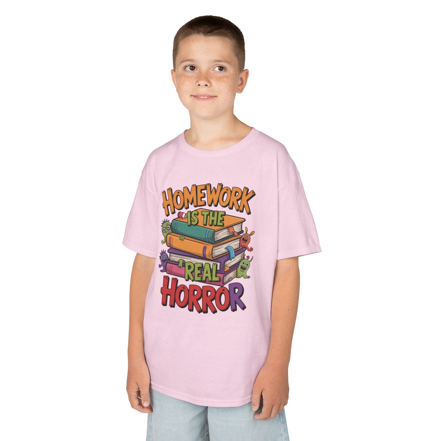 Kids Funny Homework Tee, Cute Monster School Shirt, Homework Is the Real Horror, Back to School Gift for Boys & Girls, Kids Halloween Tee