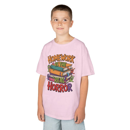 Kids Funny Homework Tee, Cute Monster School Shirt, Homework Is the Real Horror, Back to School Gift for Boys & Girls, Kids Halloween Tee