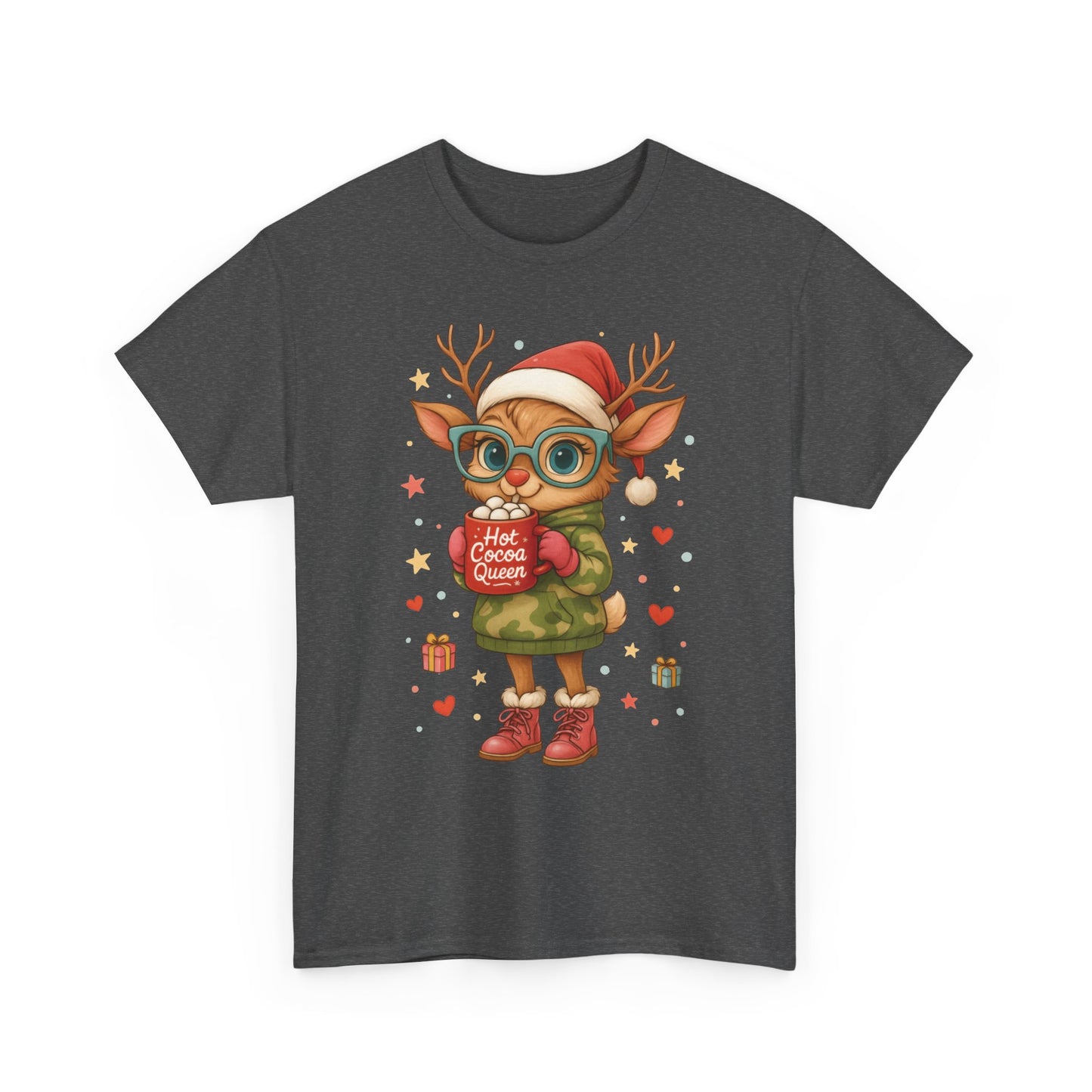 Hot Cocoa Queen Christmas T-Shirt, Cute Holiday Reindeer Tee for Women
