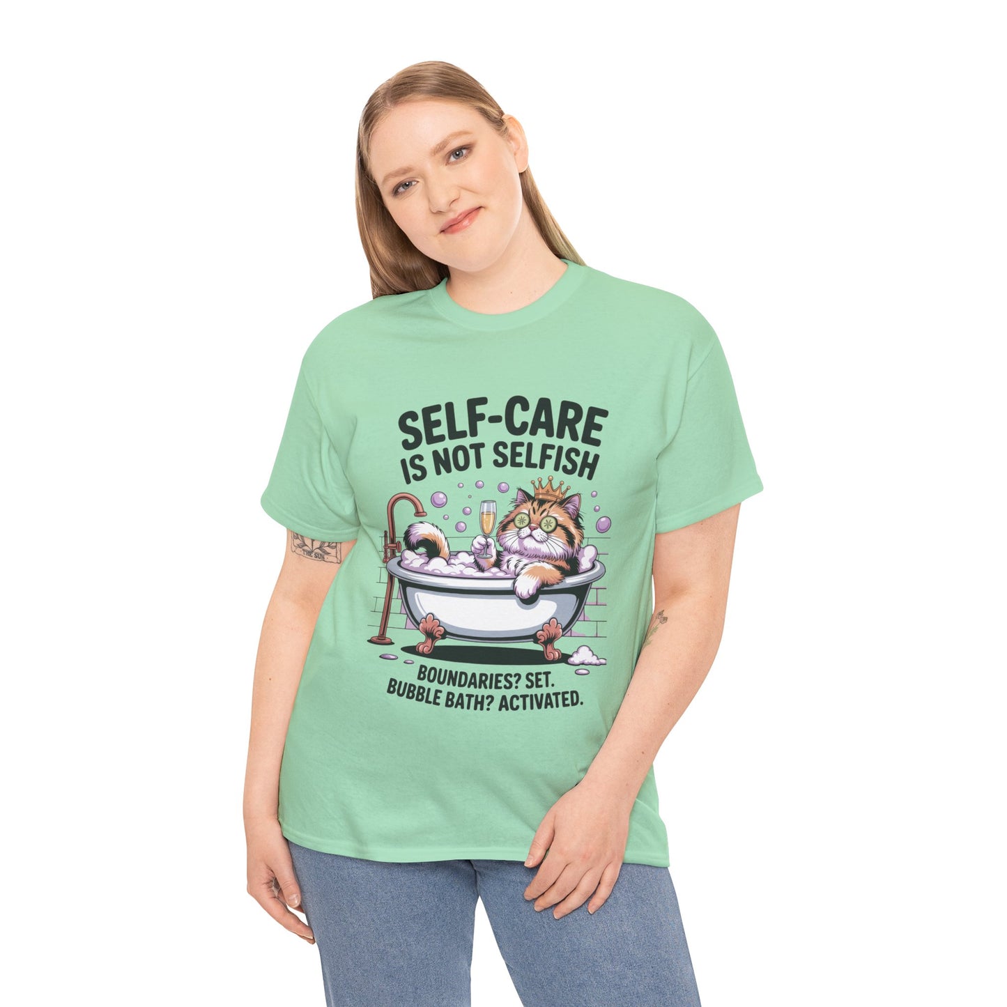 Womens Heavy Cotton Tee, Self-Care Cat Shirt, Funny Cat Bubble Bath Tee, Relaxing Kitty Graphic, Self Care Is Not Selfish Womens T-Shirt
