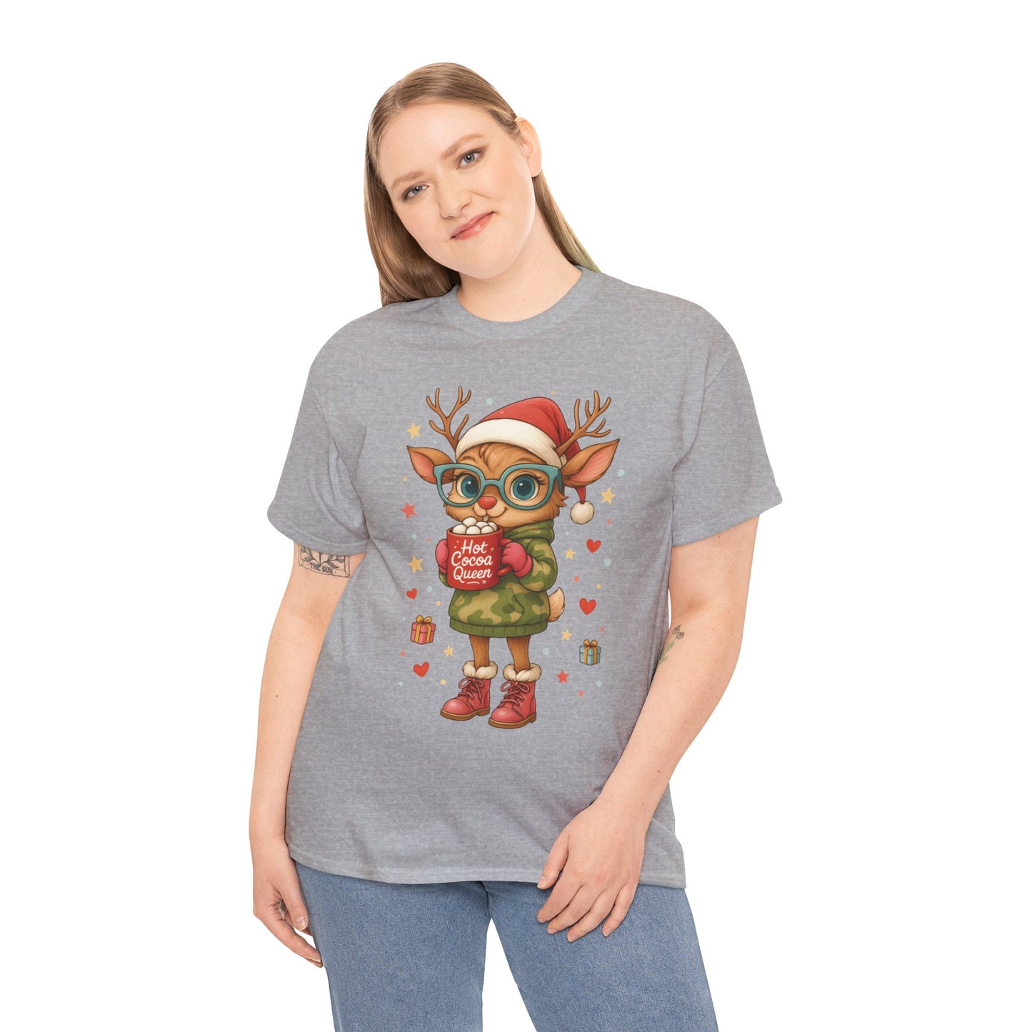 Hot Cocoa Queen Christmas T-Shirt, Cute Holiday Reindeer Tee for Women