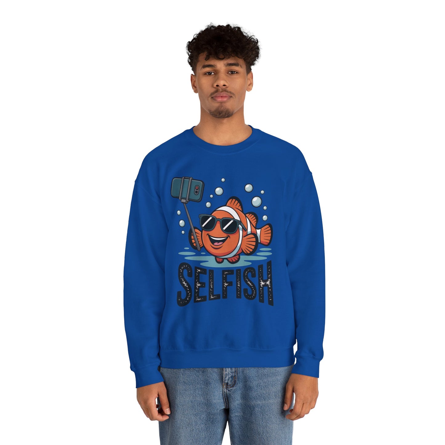Unisex Heavy Blend™ Crewneck Sweatshirt, Mens Selfish Funny Fish Sweatshirt, Cute Selfie Pullover, Ocean Humor Top