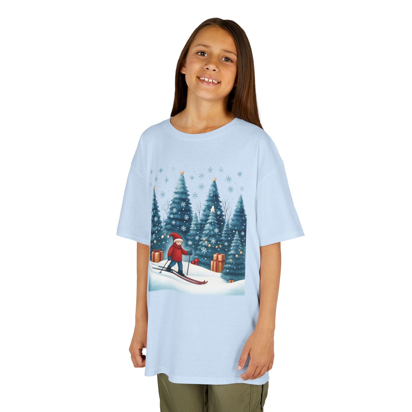 Kids Christmas Skiing T-Shirt, Cute Winter Holiday Graphic Tee, Kids Heavy Cotton™ Tee