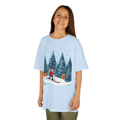 Kids Christmas Skiing T-Shirt, Cute Winter Holiday Graphic Tee, Kids Heavy Cotton™ Tee