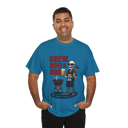 Halloween BBQ Men's T-Shirt, Brew Boo & BBQ Skeleton Grill Master Tee, Funny Dad Gift, Grill Master Tee, Grill Dad Halloween