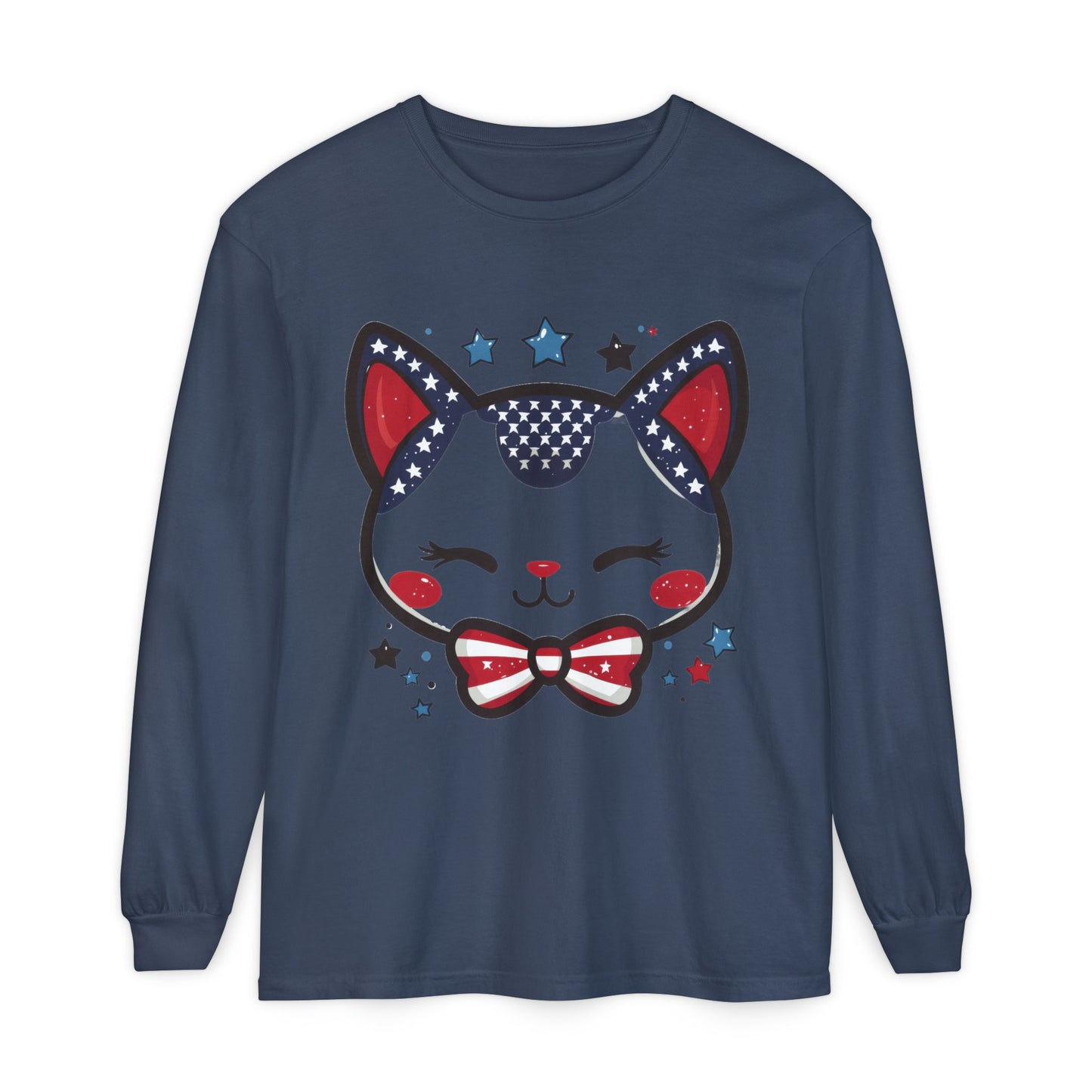 Cute Patriotic Cat Long Sleeve Women's T-Shirt, Fourth of July, Cat Lovers Gift, Casual Wear, Perfect for Holidays and Celebrations